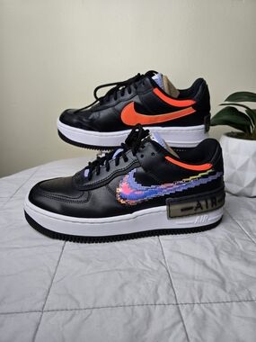 Nike Air Force 1 Pixel SE Black with Neon Orange & Iridescent Swoosh Size 8